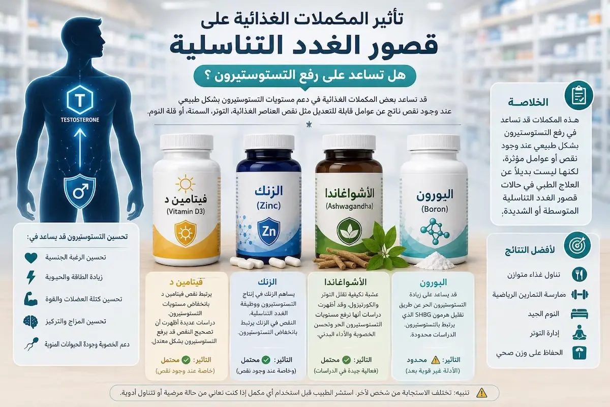 تأثير مكملات الغدد التناسلية - أطلس الرجل الصحي. إنفوجرافيك طبي يفكك آلية تأثير الزنك وفيتامين د3 والأشواغاندا على إنتاج هرمون الذكورة والحيوانات المنوية.