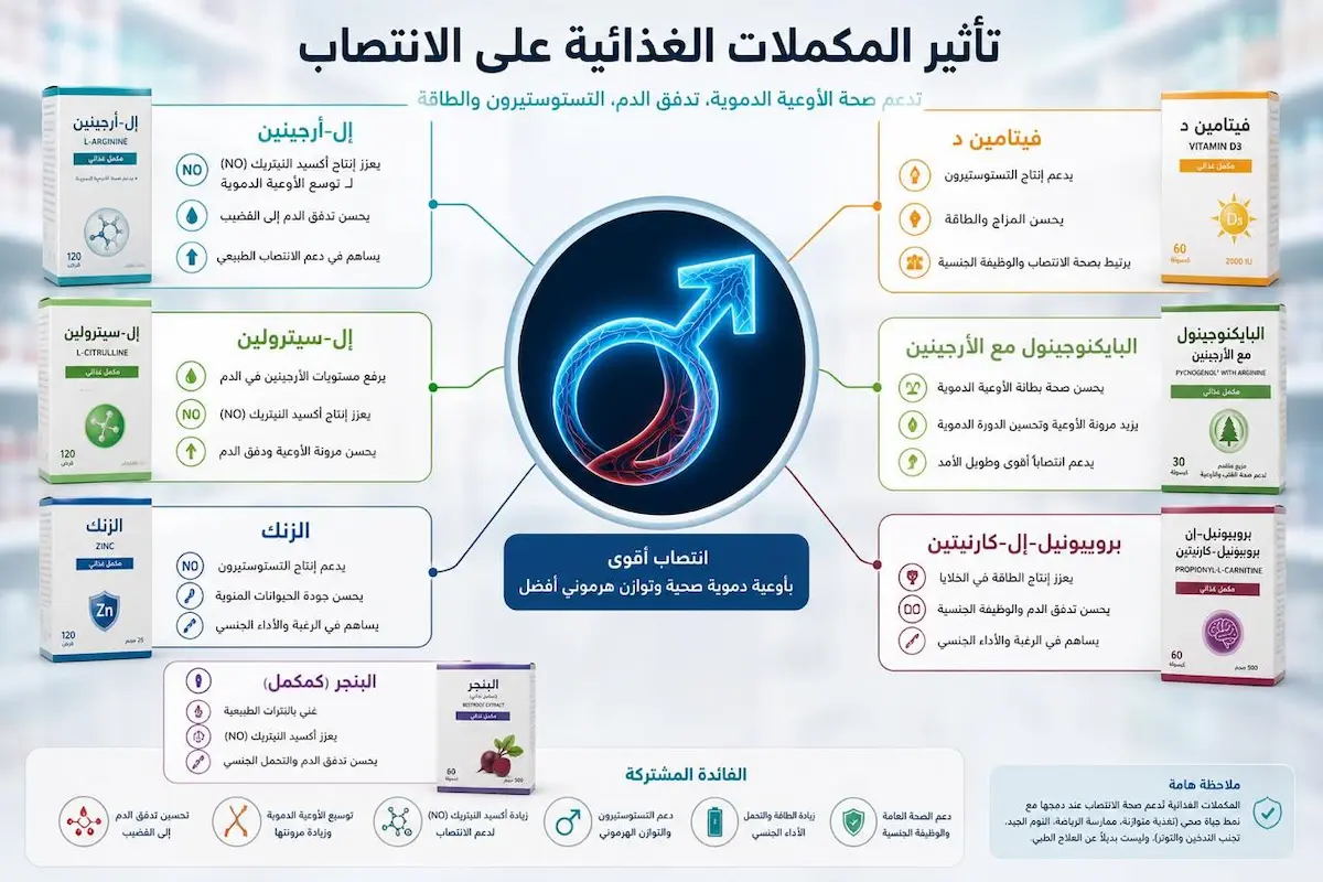إنفوجرافيك طبي يوضح مقارنة المكملات الغذائية لضعف الانتصاب والآلية البيولوجية وقوة الدليل العلمي.