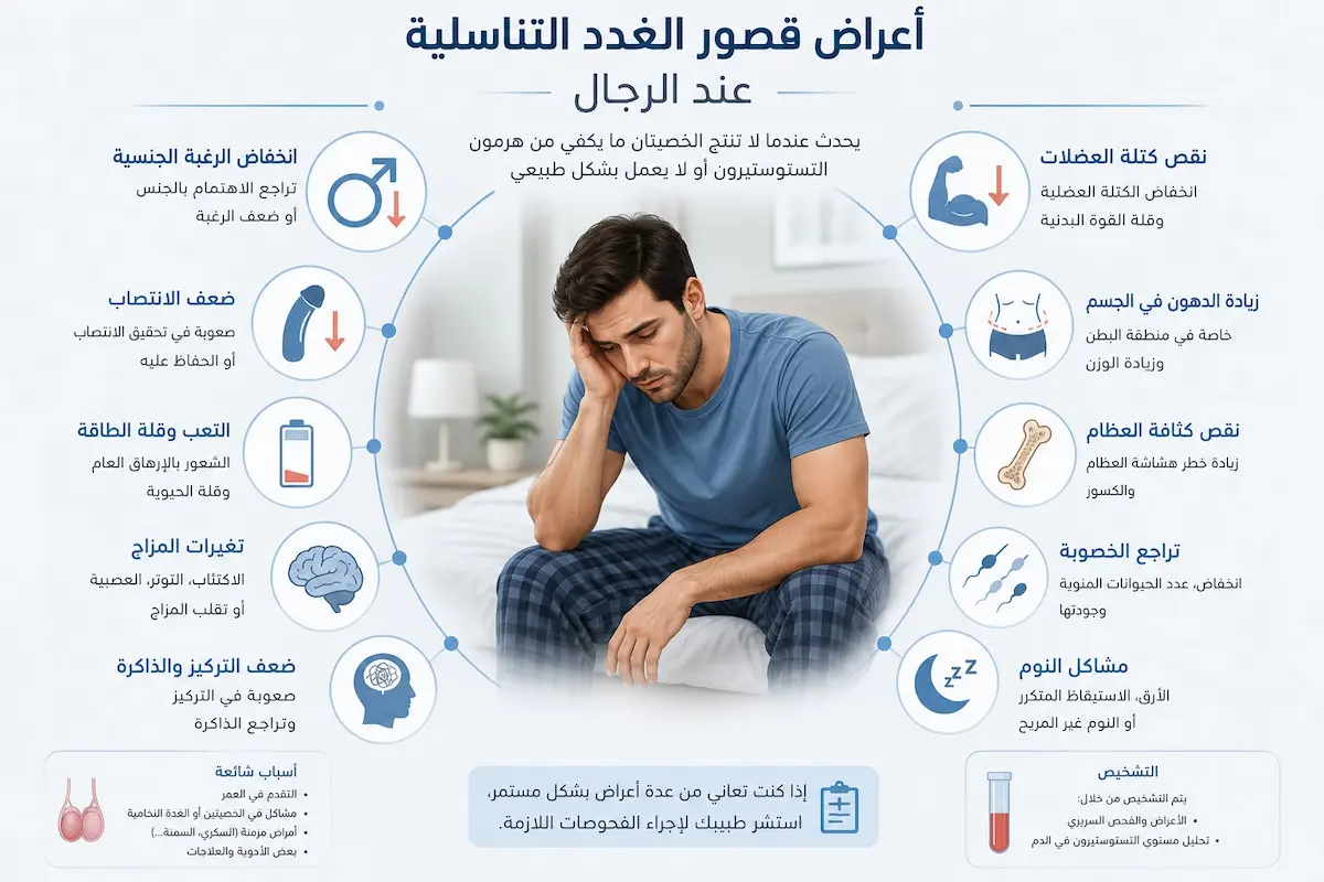 أعراض وتأثير قصور الغدد التناسلية - أطلس الرجل الصحي. إنفوجرافيك طبي يوضح أعراض قصور الغدد التناسلية عند الرجال وتأثيرها على الانتصاب، كتلة العضلات، الخصوبة، والحالة المزاجية.