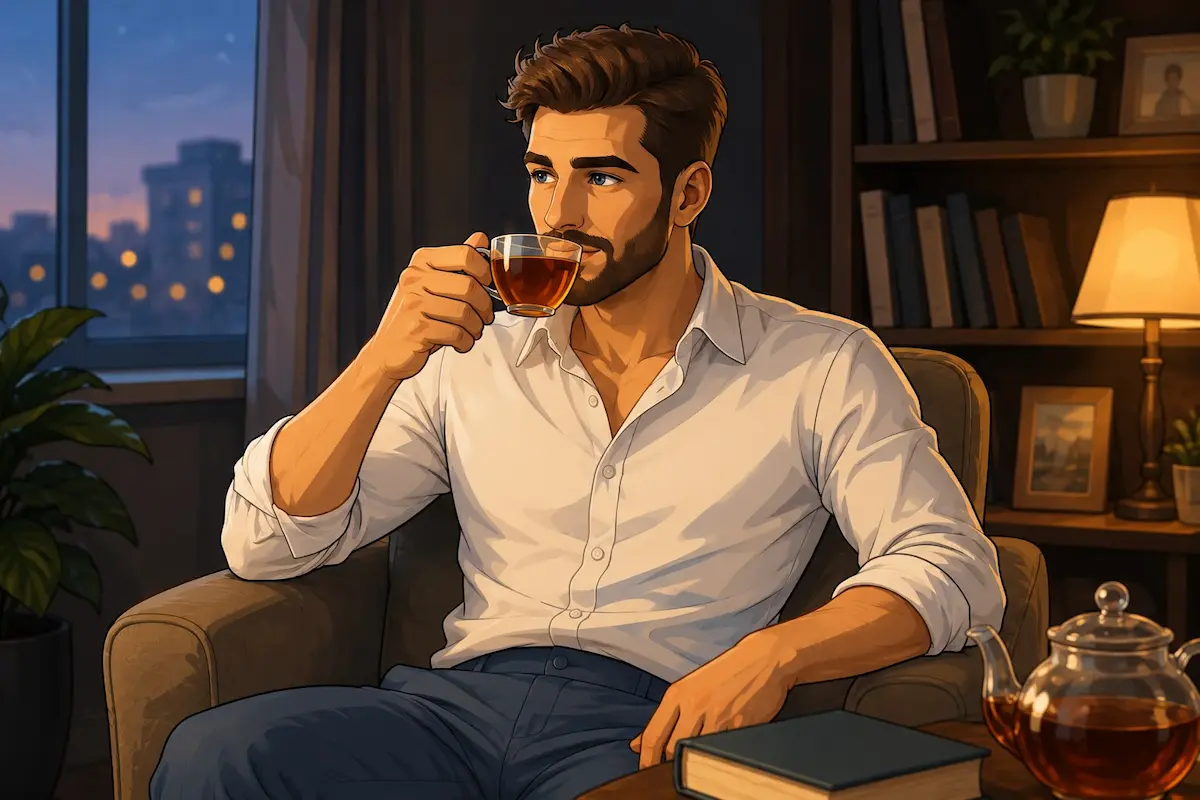 لقطة فوتوغرافية تظهر شاباً يشرب كوباً من الشاي الدافئ لمناقشة تأثير مضادات الأكسدة والكافيين على الانتصاب والتستوستيرون والخصوبة للرجال.