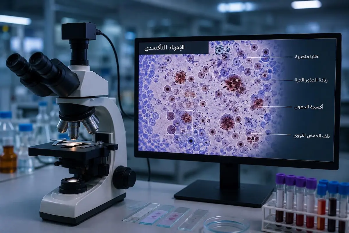 لقطة فوتوغرافية تظهر شاشة رقمية وجهاز فحص مخبري في مختبر طبي لقياس مستويات الإجهاد التأكسدي ودلالتها على الصحة الجنسية للرجال.