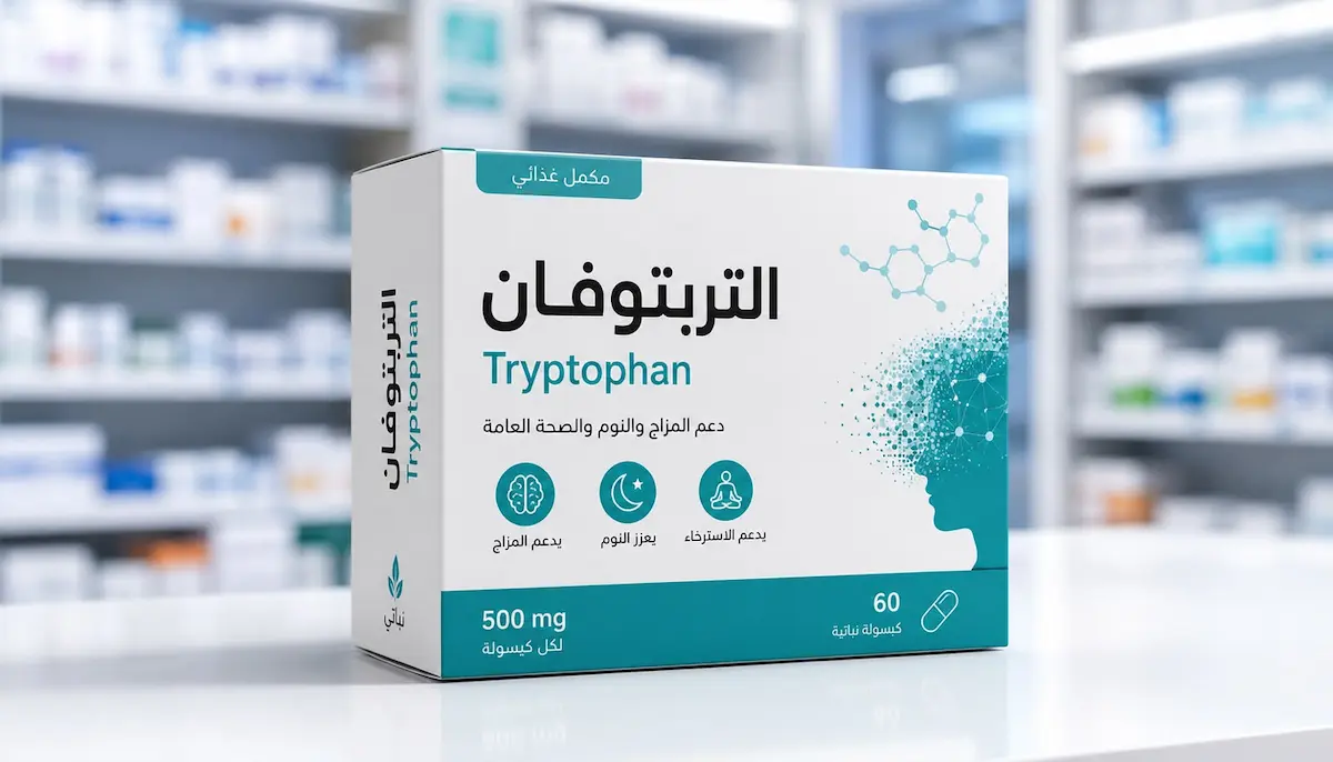 لقطة فوتوغرافية لعلبة مكمل التربتوفان الغذائي لمناقشة دوره في سرعة القذف والانتصاب عند الرجال.
