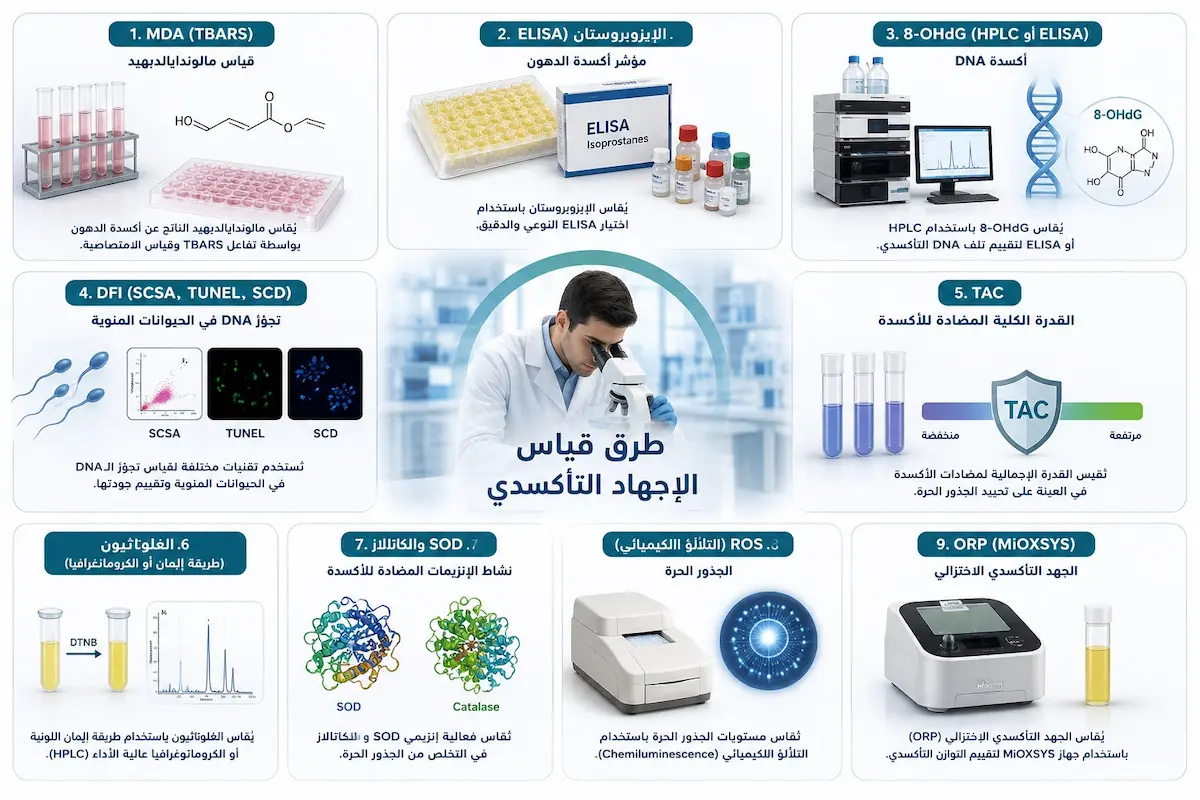 إنفوجرافيك طبي يفصل فحوصات MDA و DFI وسعة مضادات الأكسدة TAC ودلالتها المخبرية على الانتصاب والخصوبة عند الرجال.