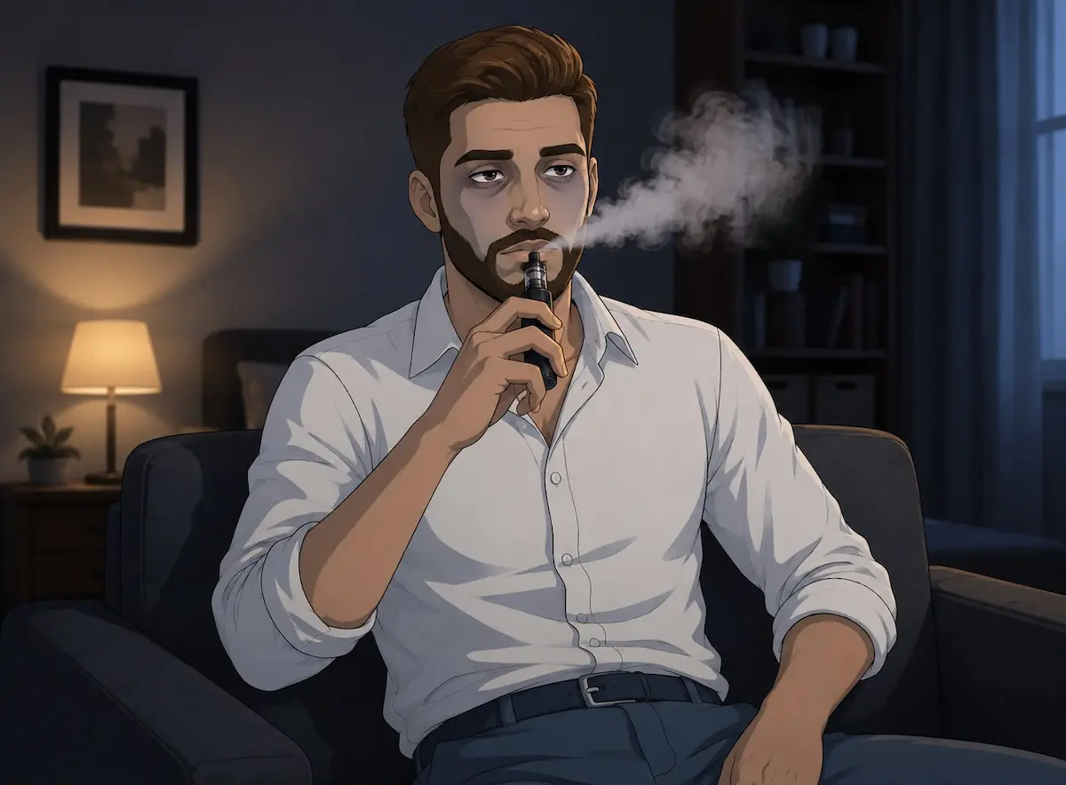 لقطة فوتوغرافية تظهر شاباً شاحب الوجه يدخن الفيب ويحيط به البخار لمناقشة أضرار السجائر الإلكترونية على الانتصاب والتستوستيرون للرجال.