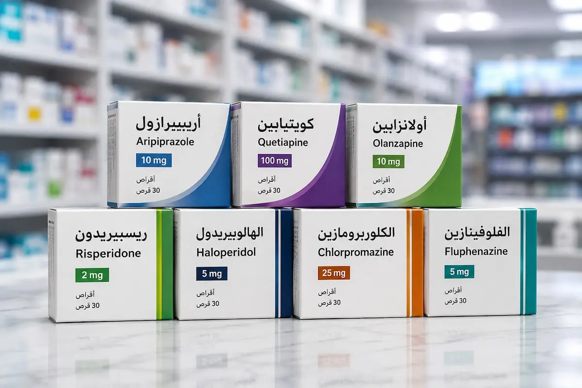 لقطة فوتوغرافية لعلب أدوية مضادات الذهان لمناقشة تأثيرها العلمي على الرغبة والانتصاب والقذف عند الرجال.