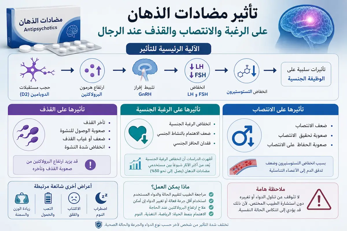 إنفوجرافيك طبي بصري يوضح الشرح والآلية الصيدلانية لتأثير مضادات الذهان على الرغبة والانتصاب والقذف لدى الرجال.