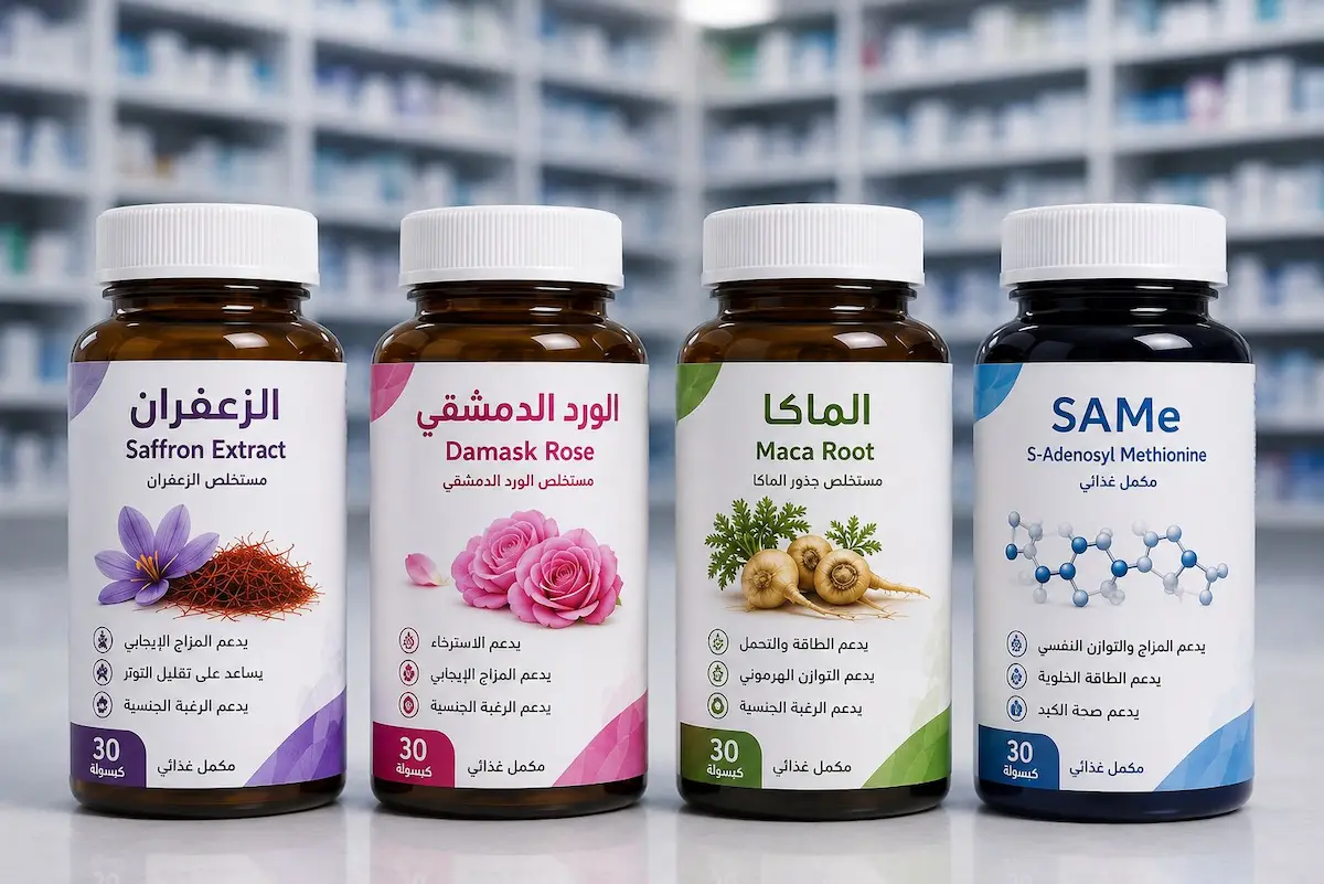 رسم توضيحي ولقطة تستعرض أبرز المكملات الغذائية لمناقشة مقال أفضل المكملات لتحسين المشكلات الجنسية لمرضى الاكتئاب وما تقول الأدلة العلمية.