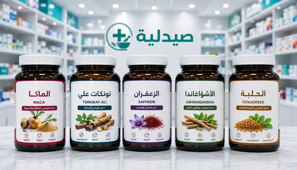 لقطة فوتوغرافية لعلب ومكملات غذائية متعددة تعبر عن أفضل المكملات لزيادة الرغبة الجنسية عند الرجال ومناقشة ما تقول الأدلة العلمية حولها.