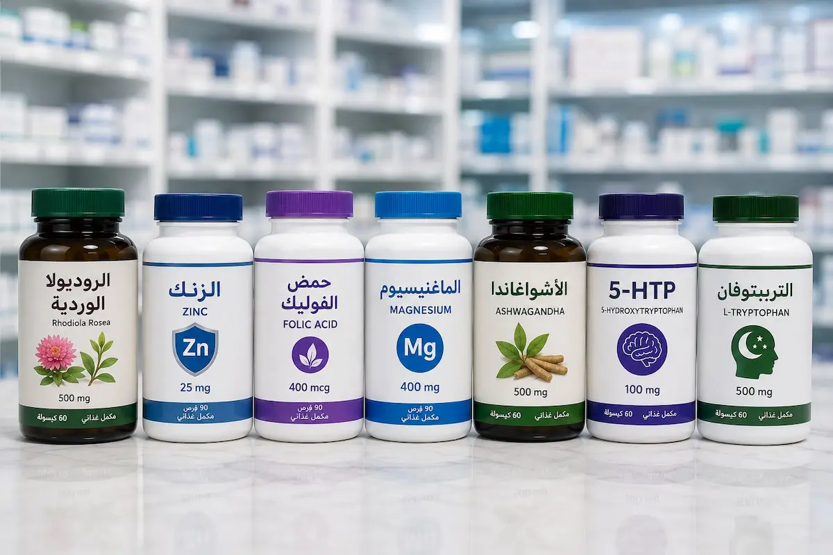 لقطة فوتوغرافية لمجموعة من عبوات المكملات الغذائية والفيتامينات لمناقشة الدليل العلمي لاختيار المكمل المناسب لعلاج سرعة القذف عند الرجال.