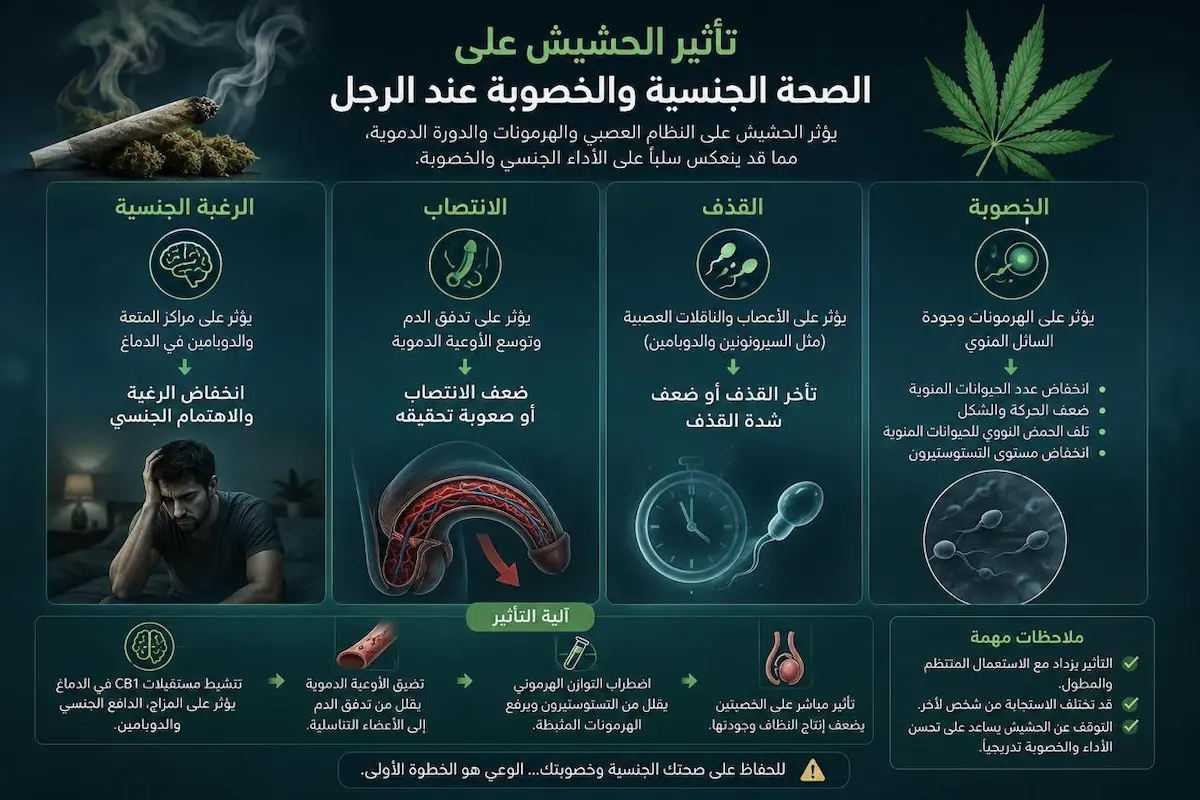 إنفوجرافيك طبي بصري يوضح الشرح وتأثير الحشيش على الرغبة والانتصاب والقذف والخصوبة لدى الرجال.