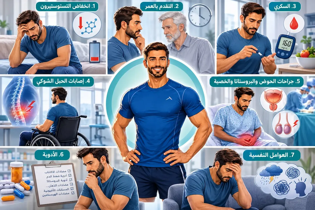 لقطة فوتوغرافية بصريّة مقسومة تعبر عن الأسباب النفسية والعضوية المختلفة لضعف القذف عند الرجال لمناقشة الدليل العلمي الشامل للأسباب والتشخيص.