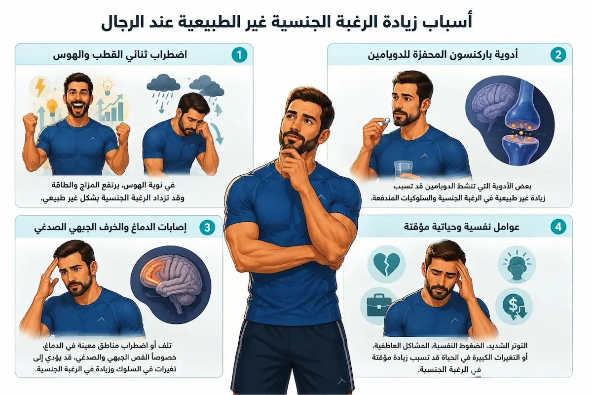 إنفوجرافيك طبي بصري يوضح شرح تأثير الأسباب الهرمونية والدوائية والنفسية والدوبامين على نشوء فرط الرغبة الجنسية لدى الرجال.