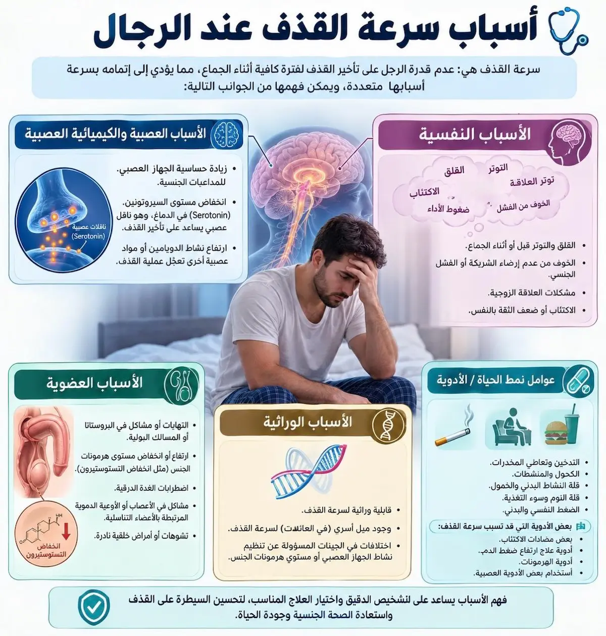 إنفوجرافيك طبي بصري يوضح الأسباب الرئيسية لسرعة القذف وتأثيراتها المباشرة على الجهاز العصبي والهرموني لدى الرجال.