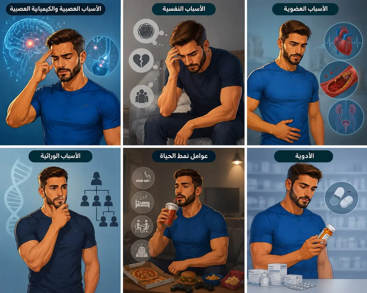 لقطة فوتوغرافية بصرية مقسومة تعبر عن الأسباب النفسية والبيولوجية المختلفة لسرعة القذف عند الرجال لمناقشة الدليل العلمي الشامل.