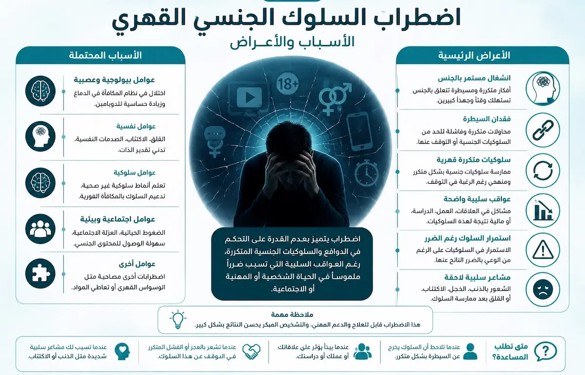 إنفوجرافيك طبي بصري يوضح شرح ماهية وأسباب وأعراض اضطراب السلوك الجنسي القهري لدى الرجال وفق منظمة الصحة العالمية.