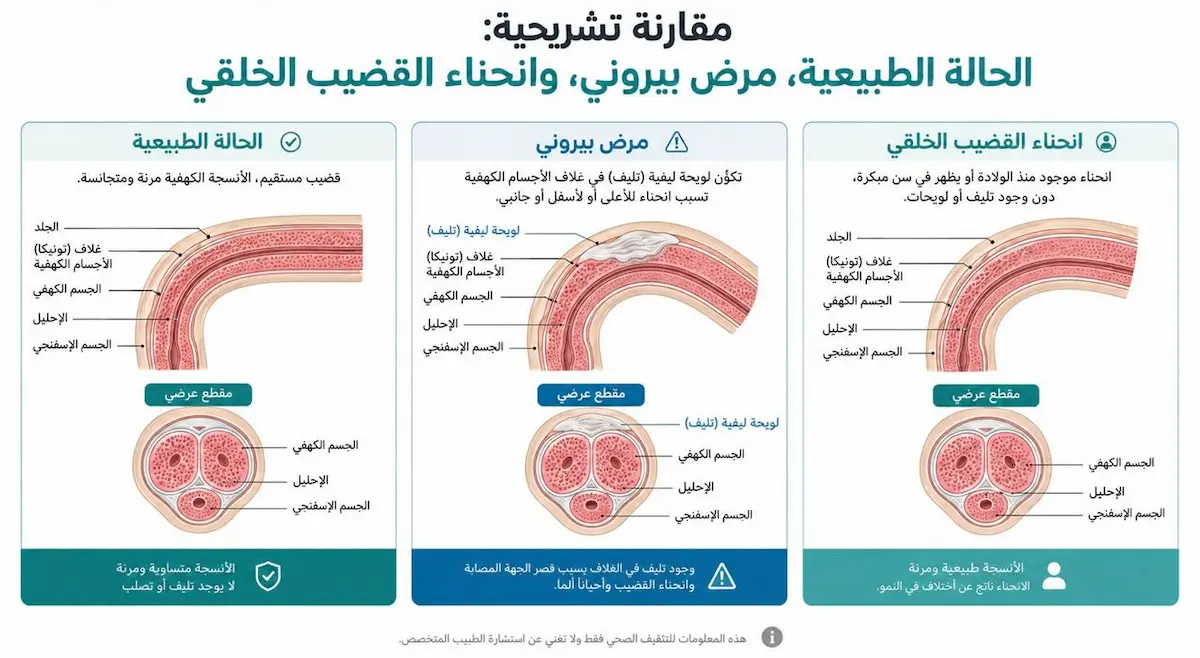 إنفوجرافيك طبي بصري يوضح مقارنة تشريحية بين العضو الذكري في الحالة الطبيعية والانحناء الخلقي ومرض بيروني والأنسجة المتليفة.