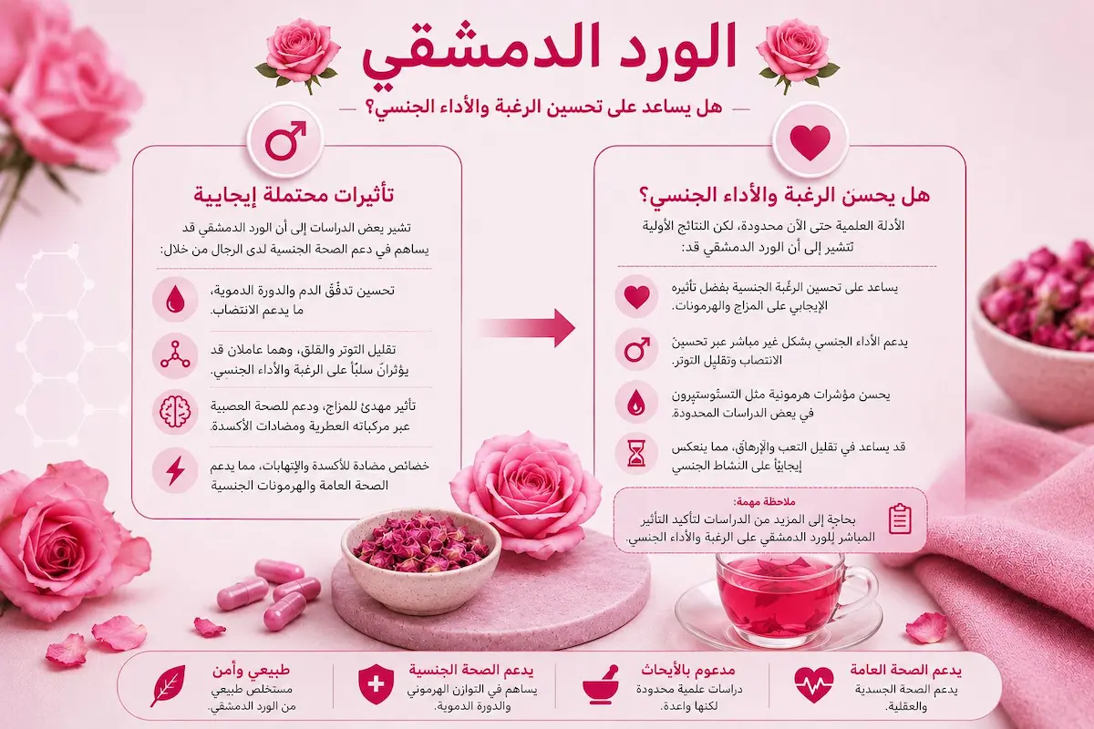 إنفوجرافيك طبي بصري يوضح شرح وتأثير الورد الدمشقي على خفض التوتر والنفسية وتحسين مستويات الرغبة والأداء الجنسي لدى الرجال.