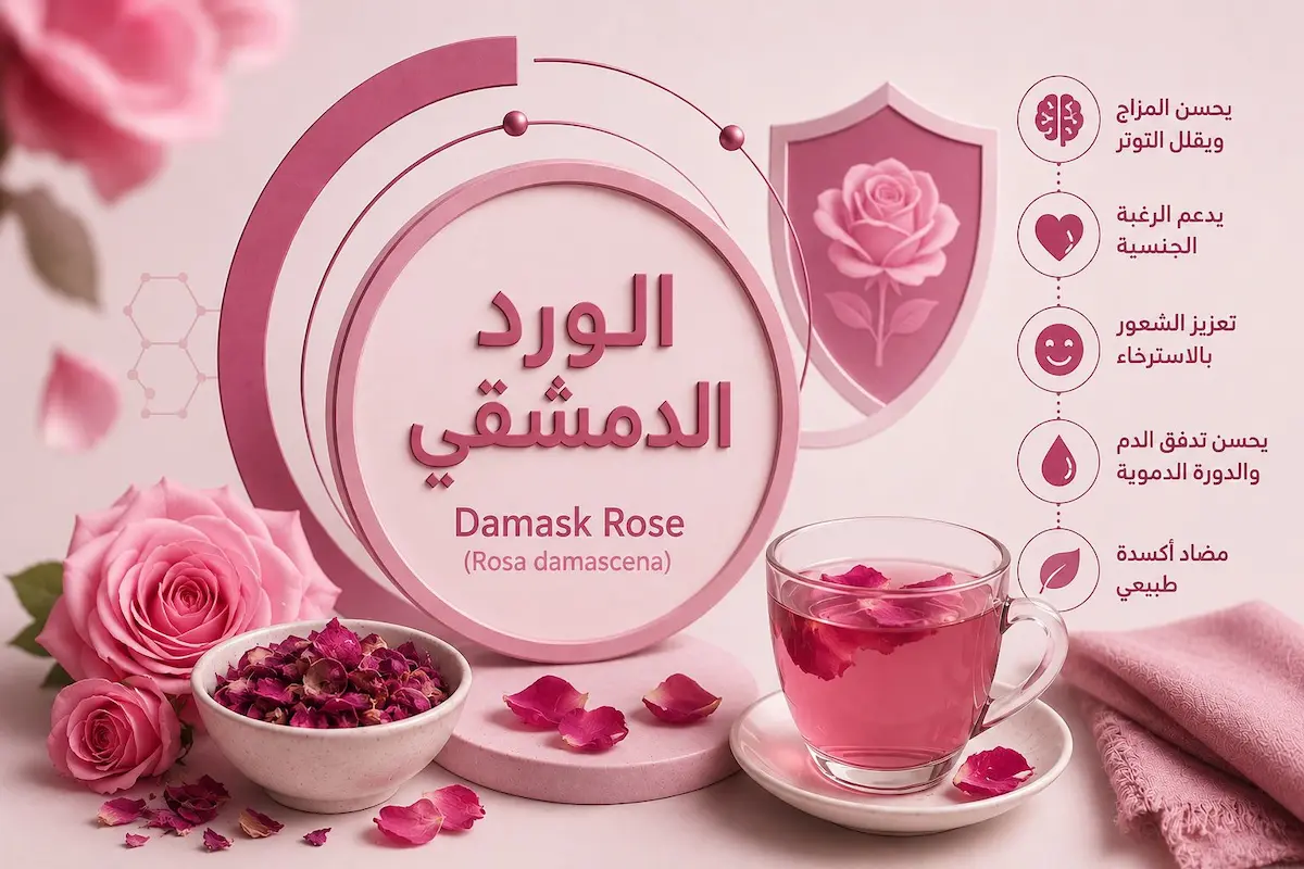 رسم توضيحي ولقطة لمستخلص الورد الدمشقي Damask Rose مع مشروب وجذور وشعار لمناقشة مقال تأثيره على تحسين الرغبة والأداء الجنسي عند الرجال.
