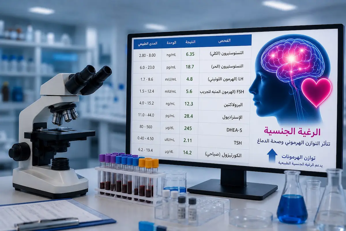 رسم توضيحي ولقطة طبية لمجهر وشاشة كمبيوتر تعبر عن فحوصات الدم وتحاليل الهرمونات مع دمج لرسم الدماغ لمناقشة تشخيص انخفاض الرغبة الجنسية عند الرجال.