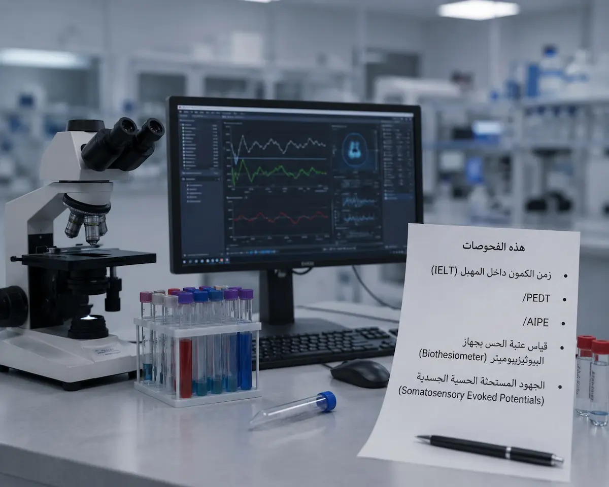 لقطة فوتوغرافية لتقرير تشخيصي طبي يحتوي على أدوات ومقاييس تقييم سرعة القذف بجانب مجهر لمناقشة الدليل العلمي الشامل لتشخيص سرعة القذف.