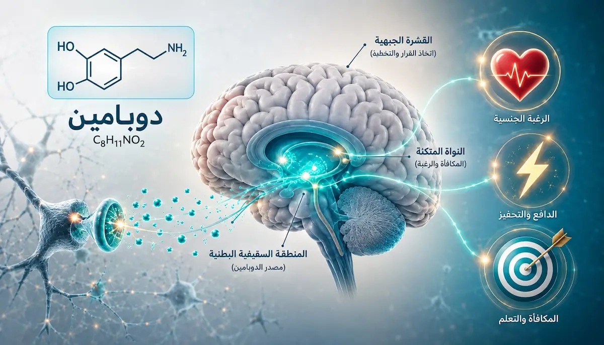 رسم توضيحي ولقطة لمجسم الدماغ البشري والتركيب الكيميائي لدوبامين لمناقشة مقال الدوبامين والصحة الجنسية عند الرجال ونظام المكافأة والرغبة.
