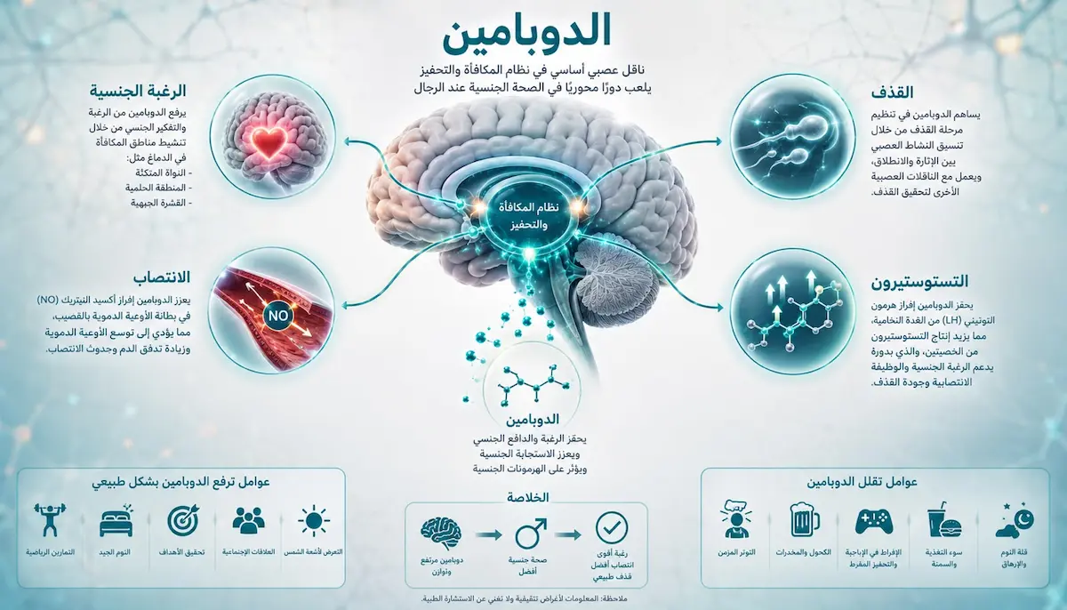 إنفوجرافيك طبي بصري يوضح شرح تأثير الدوبامين على الرغبة الجنسية والانتصاب والقذف وهرمون التستوستيرون لدى الرجال.