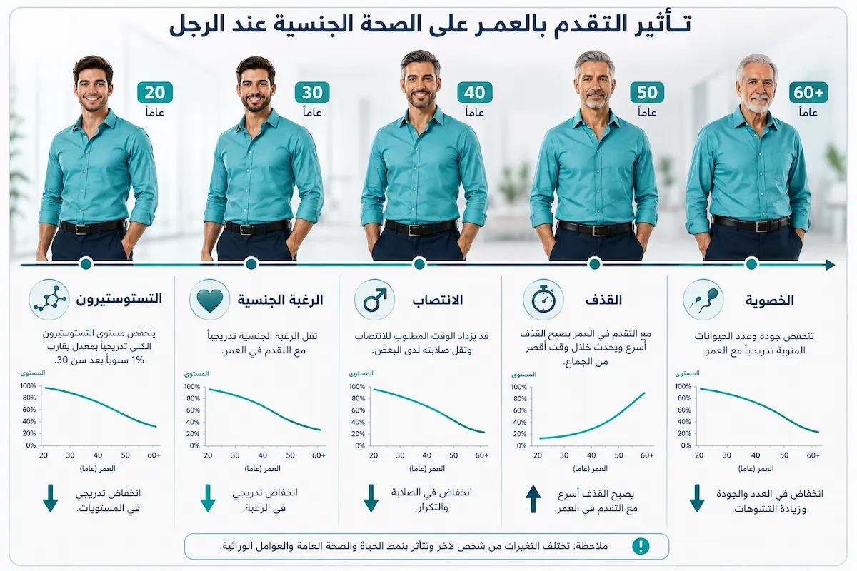 إنفوجرافيك طبي بصري يوضح تأثير تقدم العمر على هرمون التستوستيرون والرغبة الجنسية والانتصاب والقذف والخصوبة لدى الرجال.