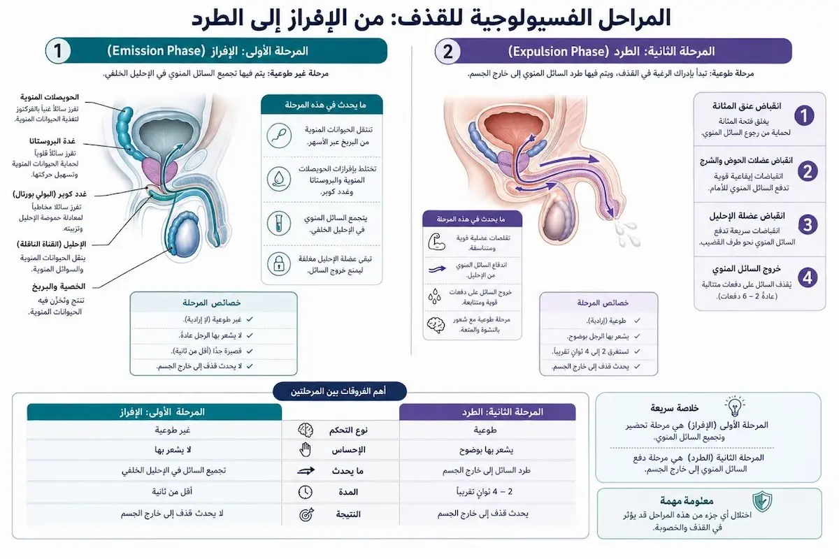 إنفوجرافيك طبي بصري يوضح التسلسل الفسيولوجي لمراحل القذف عند الرجال، من مرحلة الانبعاث والإفراز إلى مرحلة القذف والطرد الفعلي.