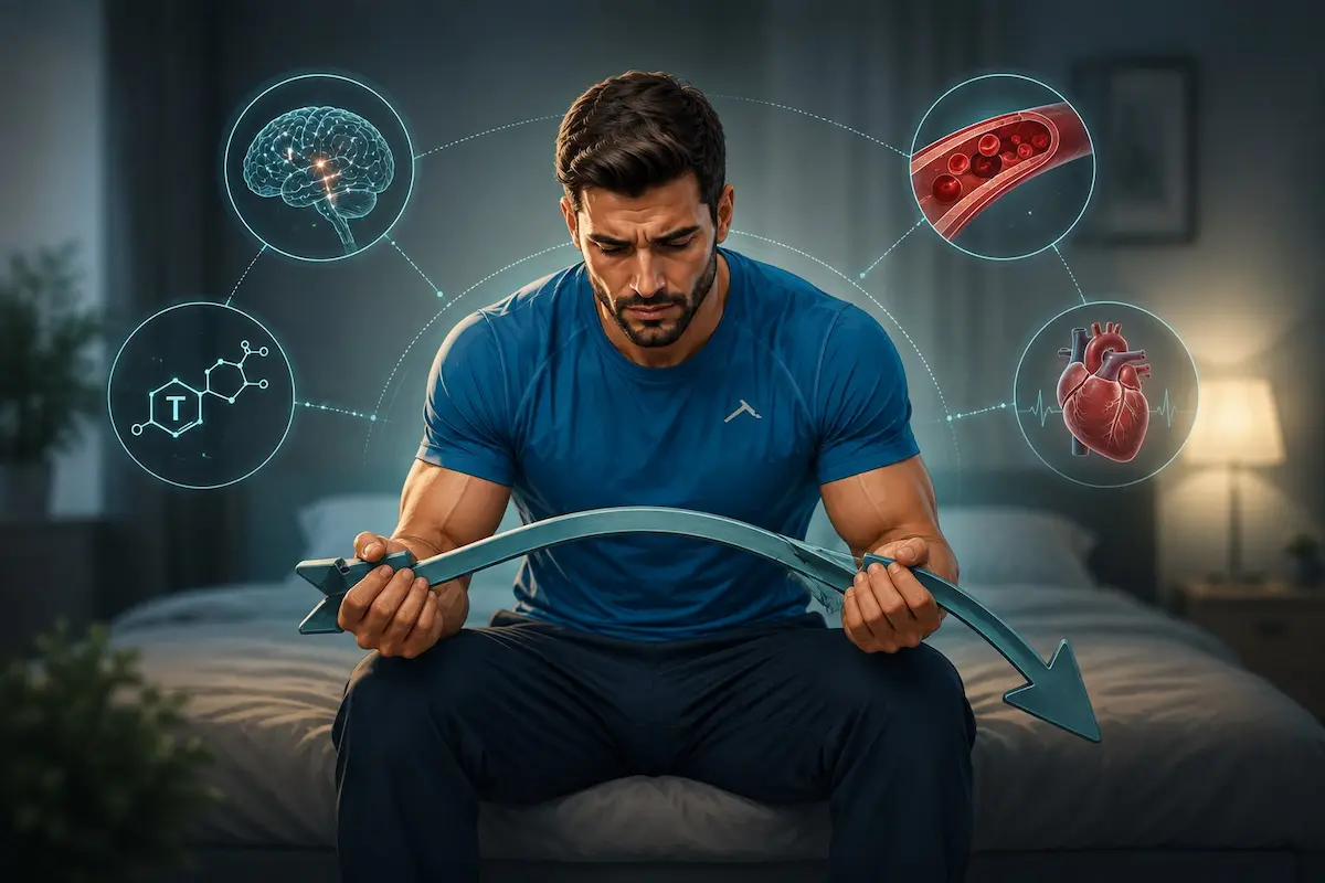 رسم توضيحي ولقطة لشاب يجلس محبطاً على السرير وممسك بسهم ينحني للأسفل لمناقشة الدليل العلمي الشامل لضعف الانتصاب عند الرجال.