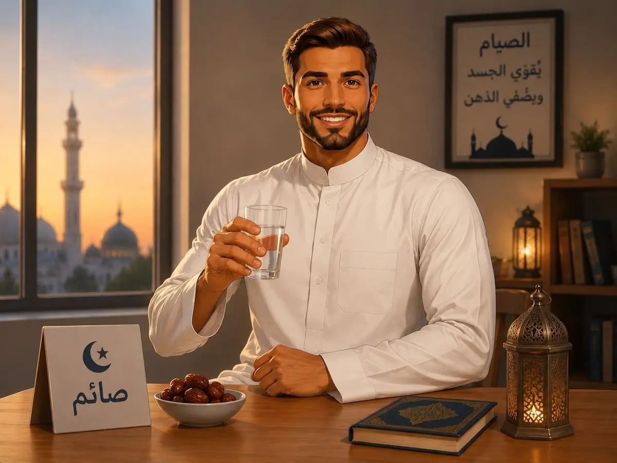 رسم توضيحي ولقطة لشاب يرتدي دشداشة ويبدو سعيداً ومستقراً محاطاً بروموز الهرمونات والتوازن لمناقشة الصيام والصحة الجنسية عند الرجال وتأثيره على التستوستيرون والرغبة والخصوبة.