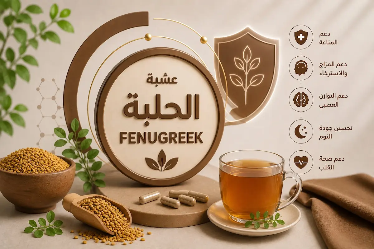 لقطة فوتوغرافية لكوب من مشروب الحلبة مع كبسولات وحبوب حلبة مطحونة لمناقشة دور الحلبة في الرغبة والتستوستيرون والخصوبة عند الرجال.