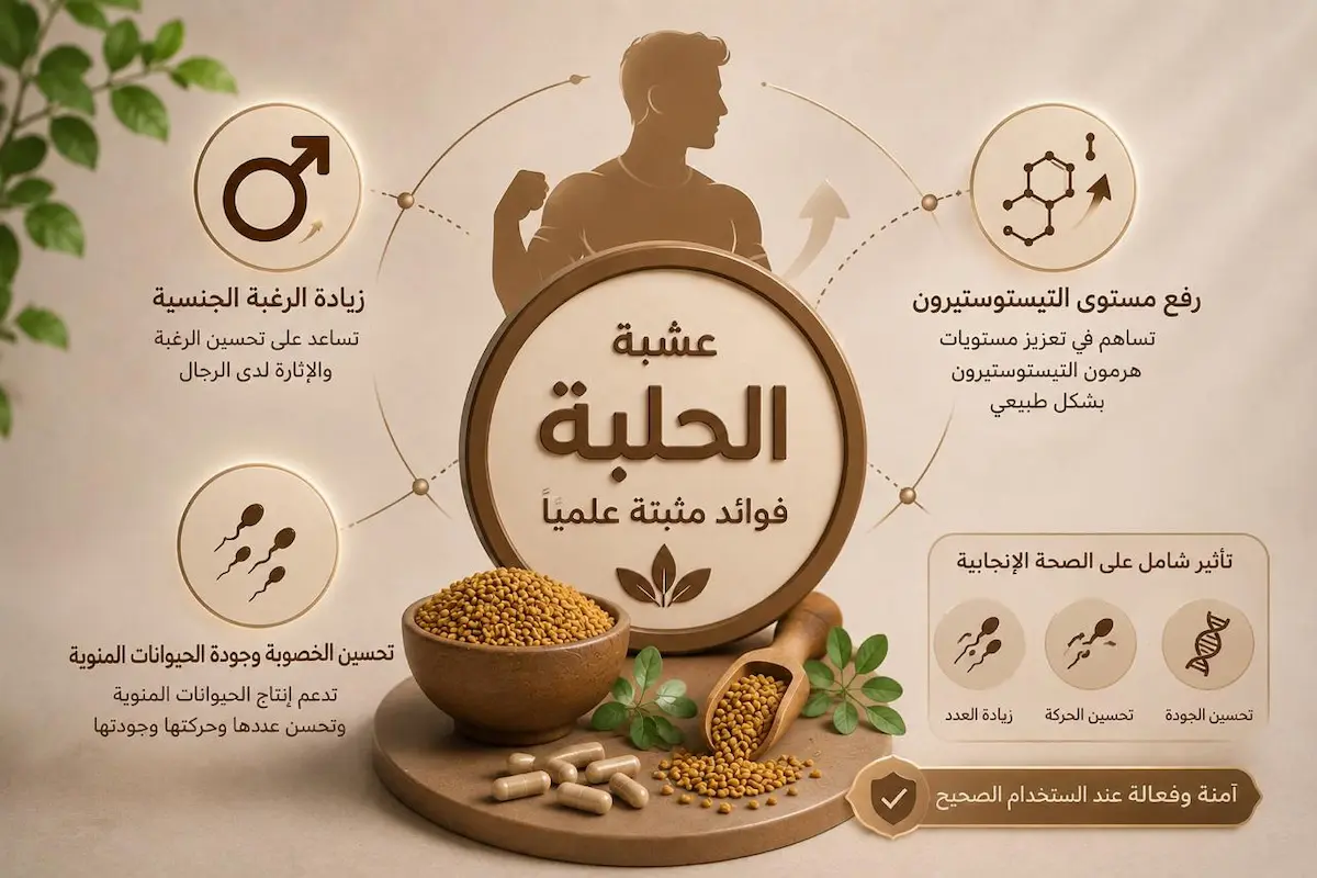 إنفوجرافيك طبي بصري يوضح شرح تأثير الحلبة على هرمون التستوستيرون والرغبة الجنسية وجودة الخصوبة والحيوانات المنوية لدى الرجال.