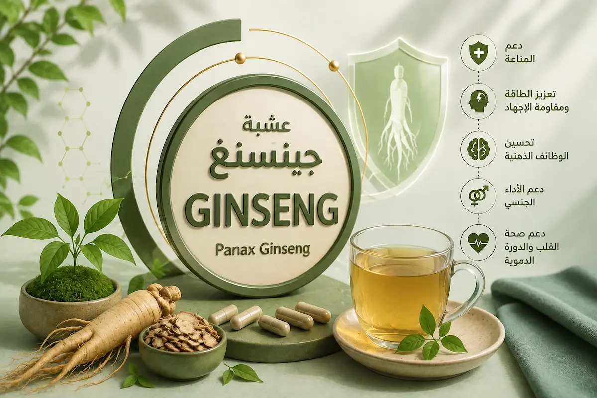 لقطة فوتوغرافية لجذور نبات الجينسنغ مع كوب شاي وكبسولات وبودرة مكملات لمناقشة دور الجينسنغ في الانتصاب والرغبة والخصوبة عند الرجال.