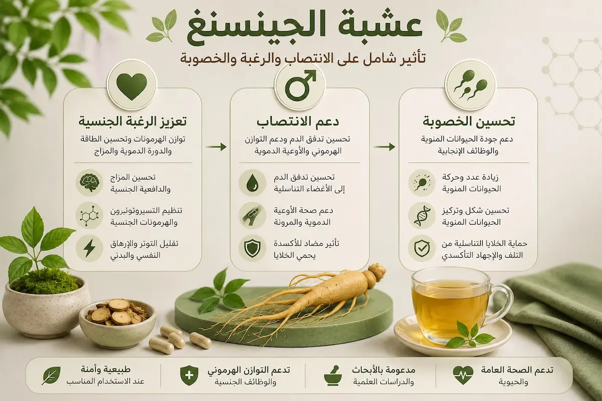 إنفوجرافيك طبي بصري يوضح شرح تأثير الجينسنغ على الانتصاب والرغبة الجنسية وجودة الخصوبة والحيوانات المنوية لدى الرجال.