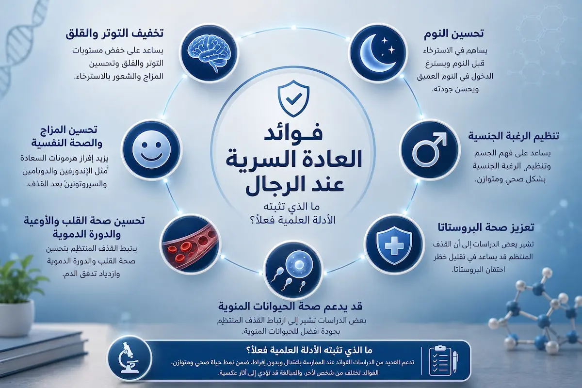 إنفوجرافيك طبي بصري يوضح شرح الفوائد الفسيولوجية والنفسية المثبتة علمياً للعادة السرية المعتدلة لدى الرجال.