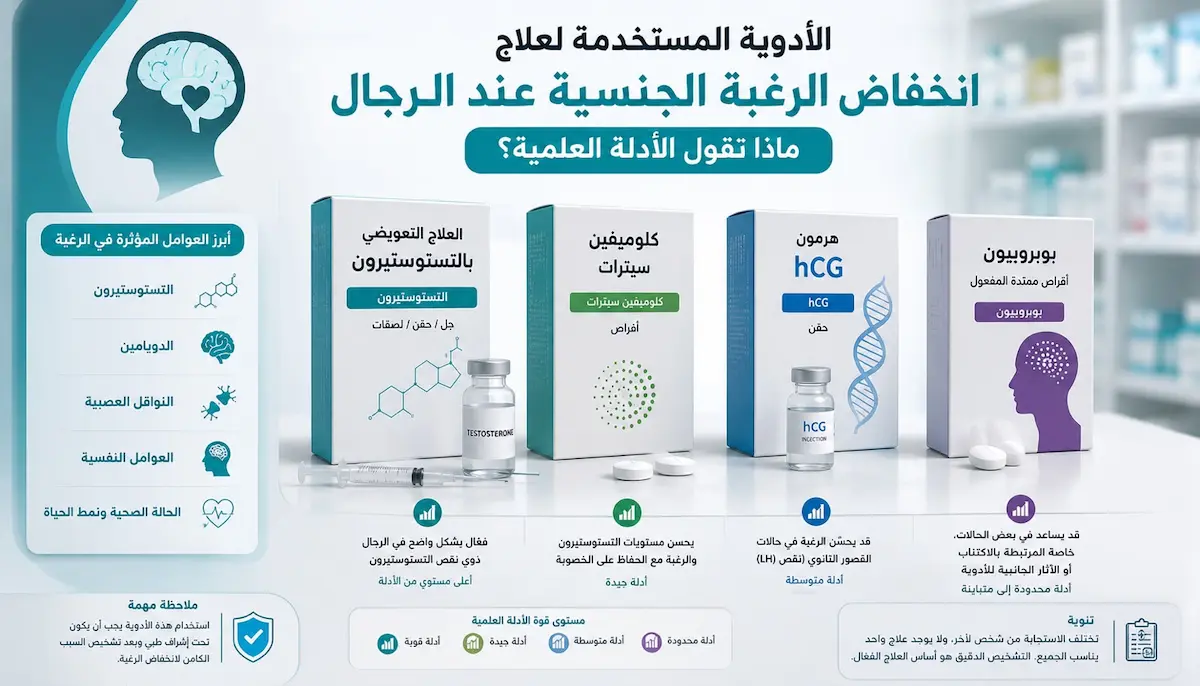 إنفوجرافيك طبي بصري يوضح شرح آليات عمل أدوية التستوستيرون والبوبروبيون والكابيرجولين وتأثيرها على استعادة الرغبة والدافع الجنسي لدى الرجال.