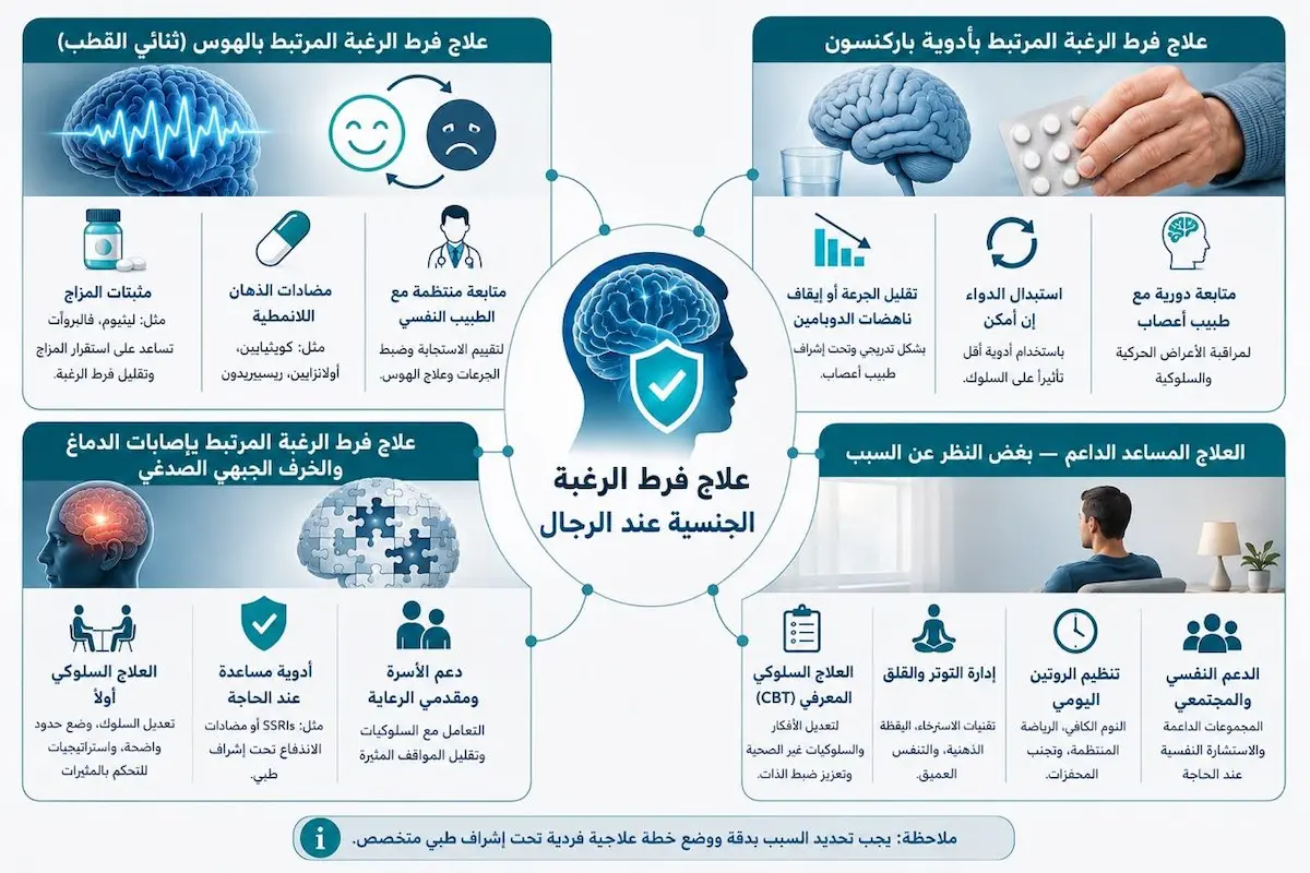 إنفوجرافيك طبي بصري يوضح شرح وتأثير العلاج السلوكي المعرفي والأدوية الهرمونية ومضادات الاكتئاب على علاج فرط الرغبة الجنسية لدى الرجال.