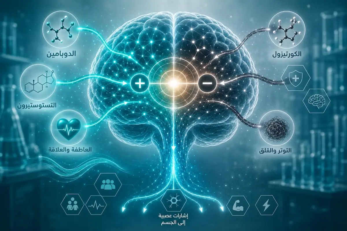 رسم توضيحي للدماغ البشري محاط بأيقونات الدوبامين والتستوستيرون والكورتيزول لمناقشة الدليل العلمي لكيفية حدوث الرغبة الجنسية عند الرجال.