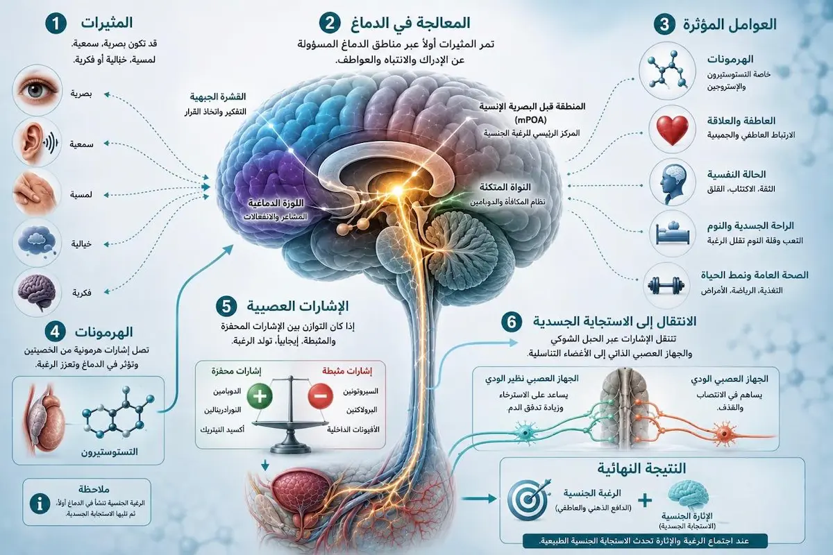 إنفوجرافيك طبي بصري يوضح شرح الخطوات والمراحل المتسلسلة لكيفية حدوث وتشكّل الرغبة الجنسية لدى الرجال.