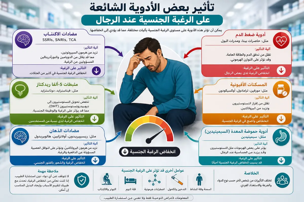 إنفوجرافيك طبي بصري يوضح شرح آليات تأثير الأدوية المختلفة ومضادات الاكتئاب والضغط على كبح الرغبة والدافع الجنسي لدى الرجال.