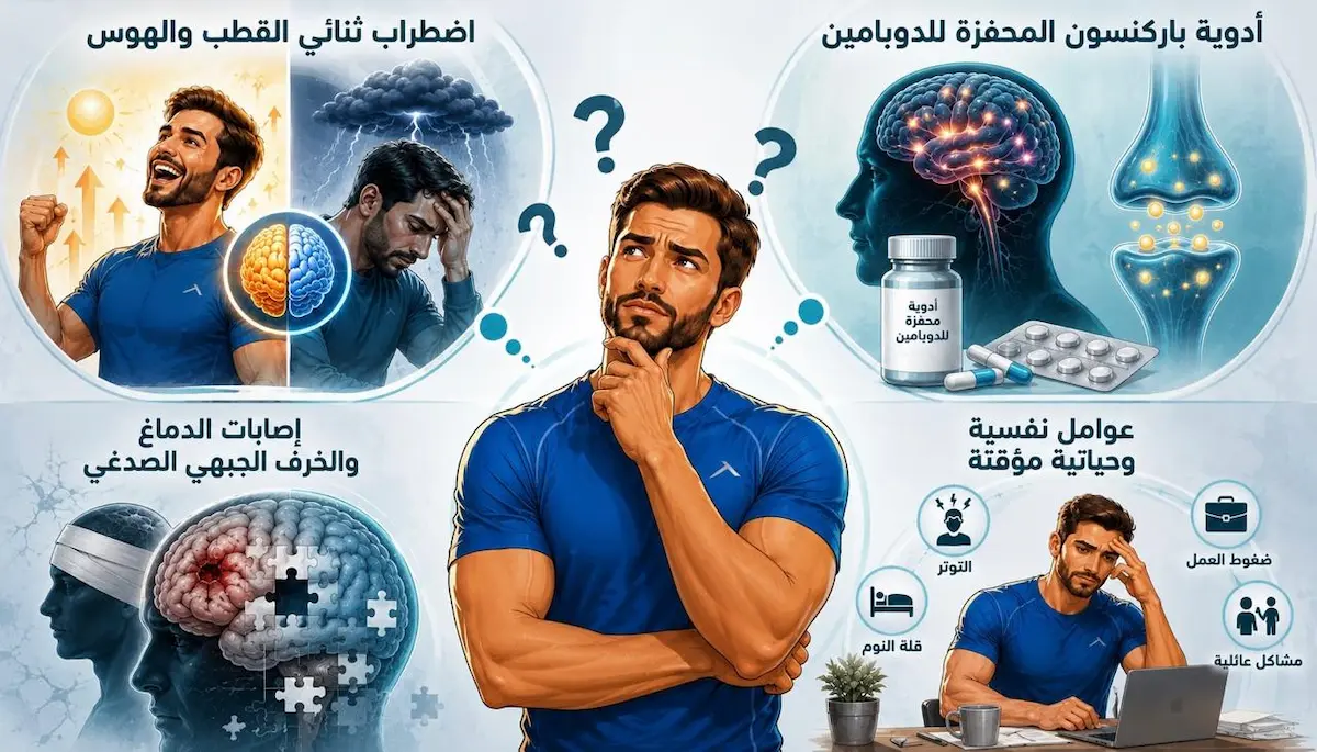 رسم توضيحي ولقطة لشاب يستغرق في التفكير محاطاً بأيقونات أسباب فرط الرغبة من هرمونات ودوبامين وأدوية لمناقشة متى تصصبح زيادة الرغبة الجنسية مشكلة عند الرجال.