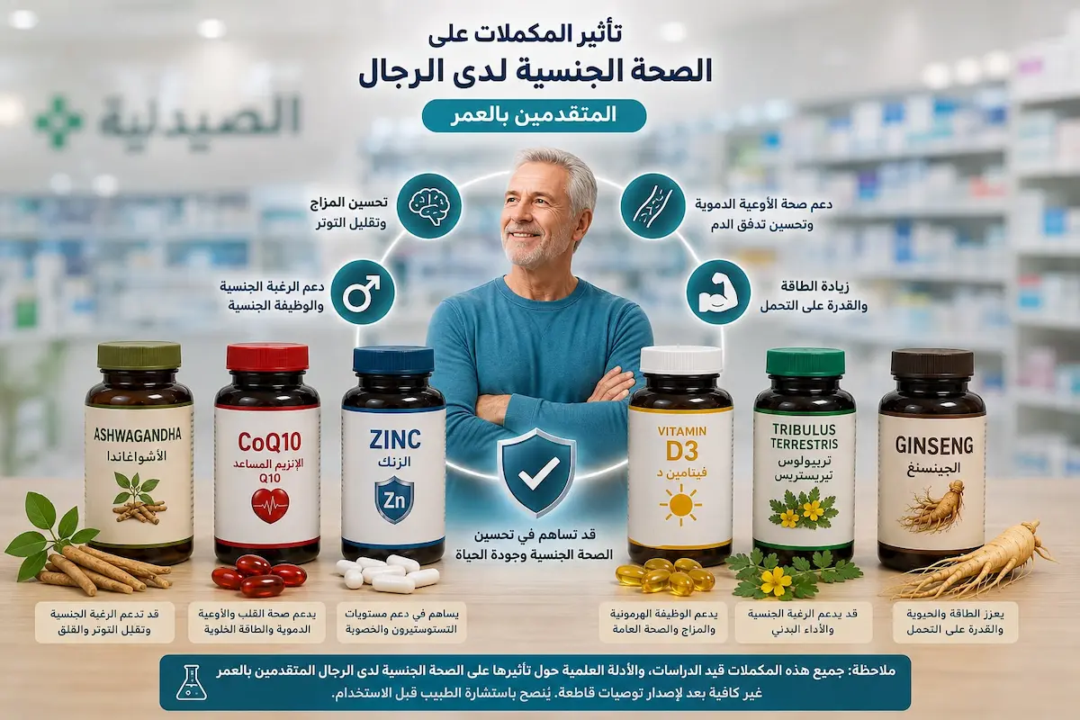 إنفوجرافيك طبي بصري يوضح شرح وتأثير وفائدة المكملات الغذائية كالفيتامينات على الصحة الجنسية والانتصاب لدى الرجال مع تقدم السن.