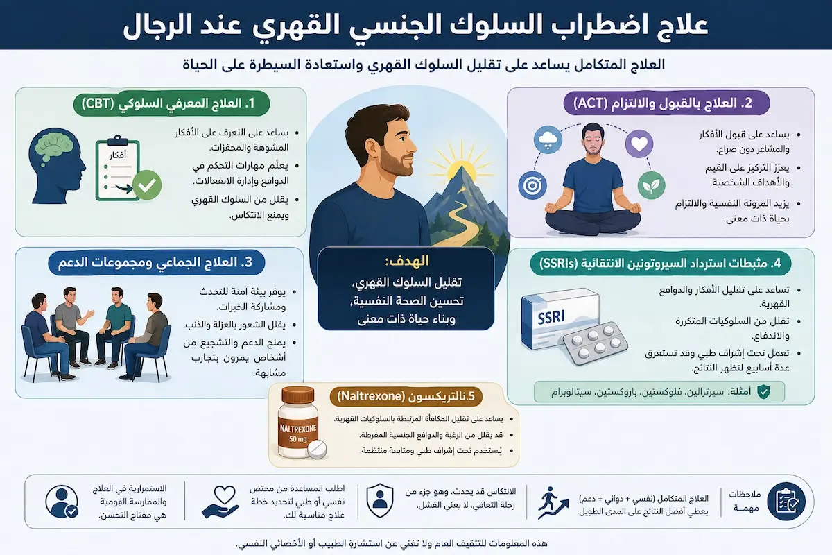إنفوجرافيك طبي بصري يوضح شرح وتأثير طرق العلاج المعرفي السلوكي CBT والعلاج بالالتزام ACT والأدوية النفسية على علاج اضطراب السلوك الجنسي القهري لدى الرجال.