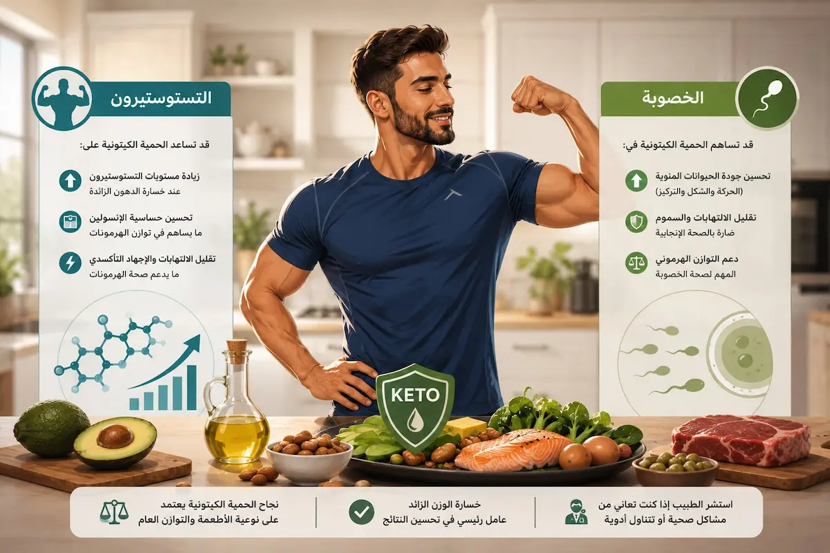 إنفوجرافيك طبي بصري يوضح شرح وتأثير الحمية الكيتونية والكيتو على مستويات التستوستيرون والانتصاب وجودة الخصوبة والحيوانات المنوية لدى الرجال.