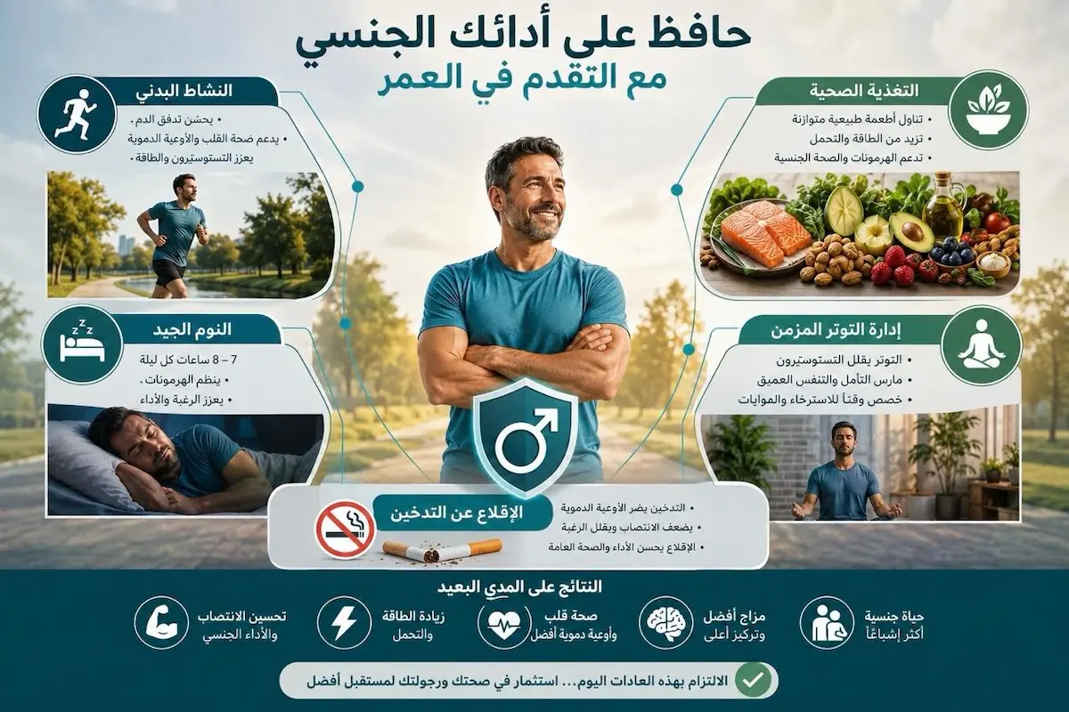 إنفوجرافيك طبي بصري يوضح شرح وتأثير الرياضة والتغذية والنوم وضبط الأمراض المزمنة على الحفاظ على الأداء والقدرة الجنسية لدى الرجال مع تقدم السن.