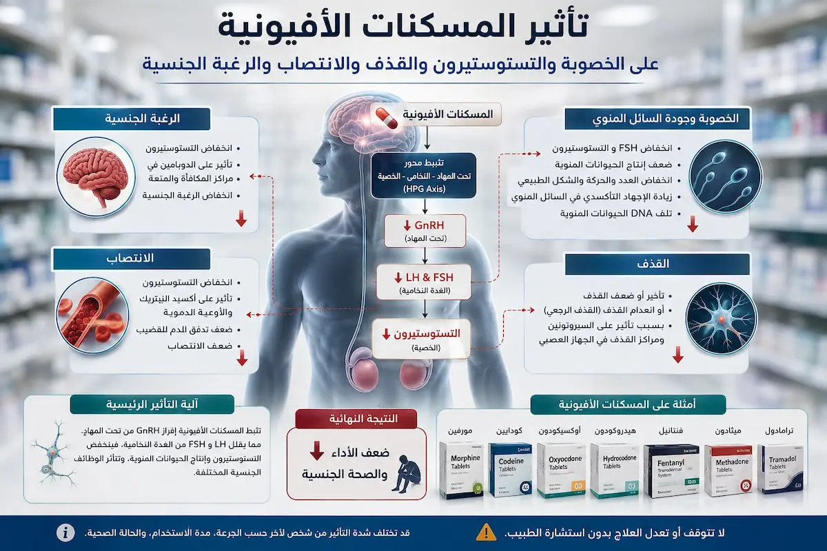 إنفوجرافيك طبي بصري يوضح شرح وتأثير المسكنات الأفيونية على هرمون التستوستيرون والانتصاب والخصوبة لدى الرجال.