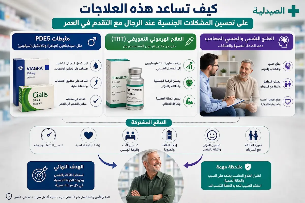 إنفوجرافيك طبي بصري يوضح شرح وتأثير مثبطات PDE5 والعلاج الهرموني TRT والعلاج النفسي على علاج المشكلات الجنسية لدى الرجال مع تقدم السن.