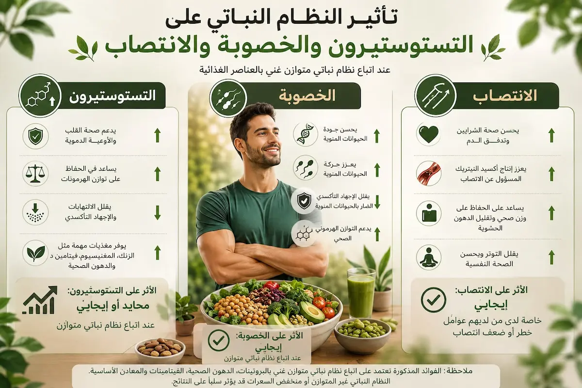 إنفوجرافيك طبي بصري يوضح شرح وتأثير النظام الغذائي النباتي على مستويات التستوستيرون والانتصاب وجودة الخصوبة والحيوانات المنوية لدى الرجال.