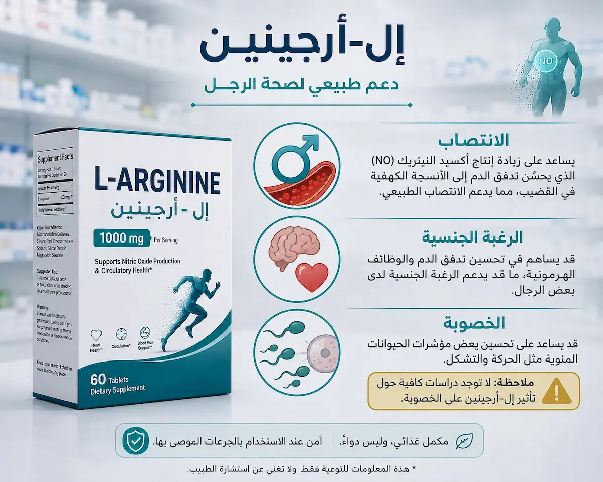 إنفوجرافيك طبي بصري يوضح شرح تأثير مكمل الإل-أرجينين على الانتصاب والرغبة الجنسية وجودة الخصوبة لدى الرجال.