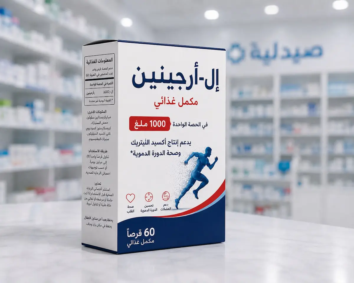 لقطة فوتوغرافية لعلبة مكمل غذائي إل-أرجينين وكبسولات دوائية لمناقشة دوره في الصحة الجنسية والخصوبة عند الرجال.
